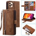 thumbnail image 1 of WillCase Leather Wallet Magnetic Case Shockproof Leather Zipper Flip Cover Credit Card Holder with 9 Card Slots for iPhone 14 Pro (Brown), 1 of 8