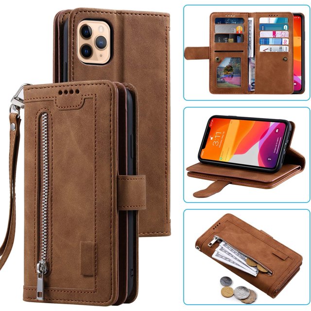WillCase Leather Wallet Magnetic Case Shockproof Leather Zipper Flip Cover Credit Card Holder with 9 Card Slots for iPhone 14 Pro (Brown)