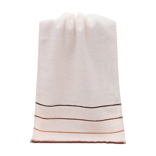 Microfiber Bath Towel, Soft To Touch, Highly Absorbent, Quick Drying, Suitable For Body, Sports, Yoga, Spa, Fitness. The towel is displayed in a front-facing view, showcasing its soft beige microfiber material with elegant stitched stripes in brown and orange tones near the edges. Designed for lightweight convenience, it is ideal for kids' bathrooms, sports, or travel.