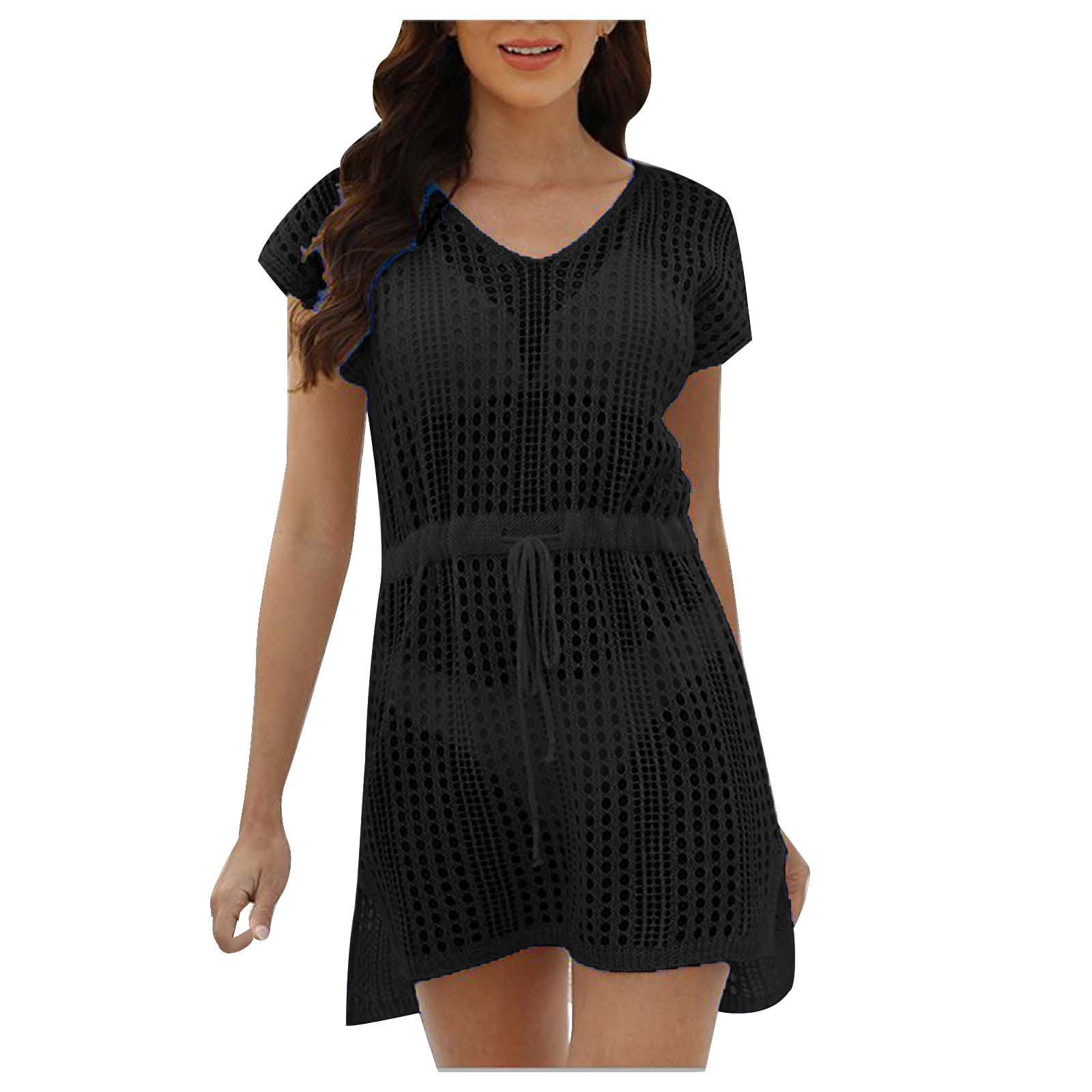 Cache-maillots pour Femmes Mode Féminine Col Rond Manches Courtes Ample Ajouré Blouse de Plage pour Maillot de Bain Cache-Maillots pour Femmes en Liquidation