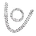 thumbnail image 3 of 2Pcs Cuban Link Chain Rhinestone Necklace Bracelet Set Gift for Lover Anniversary Birthday Silver 50CM 20CM, 3 of 12