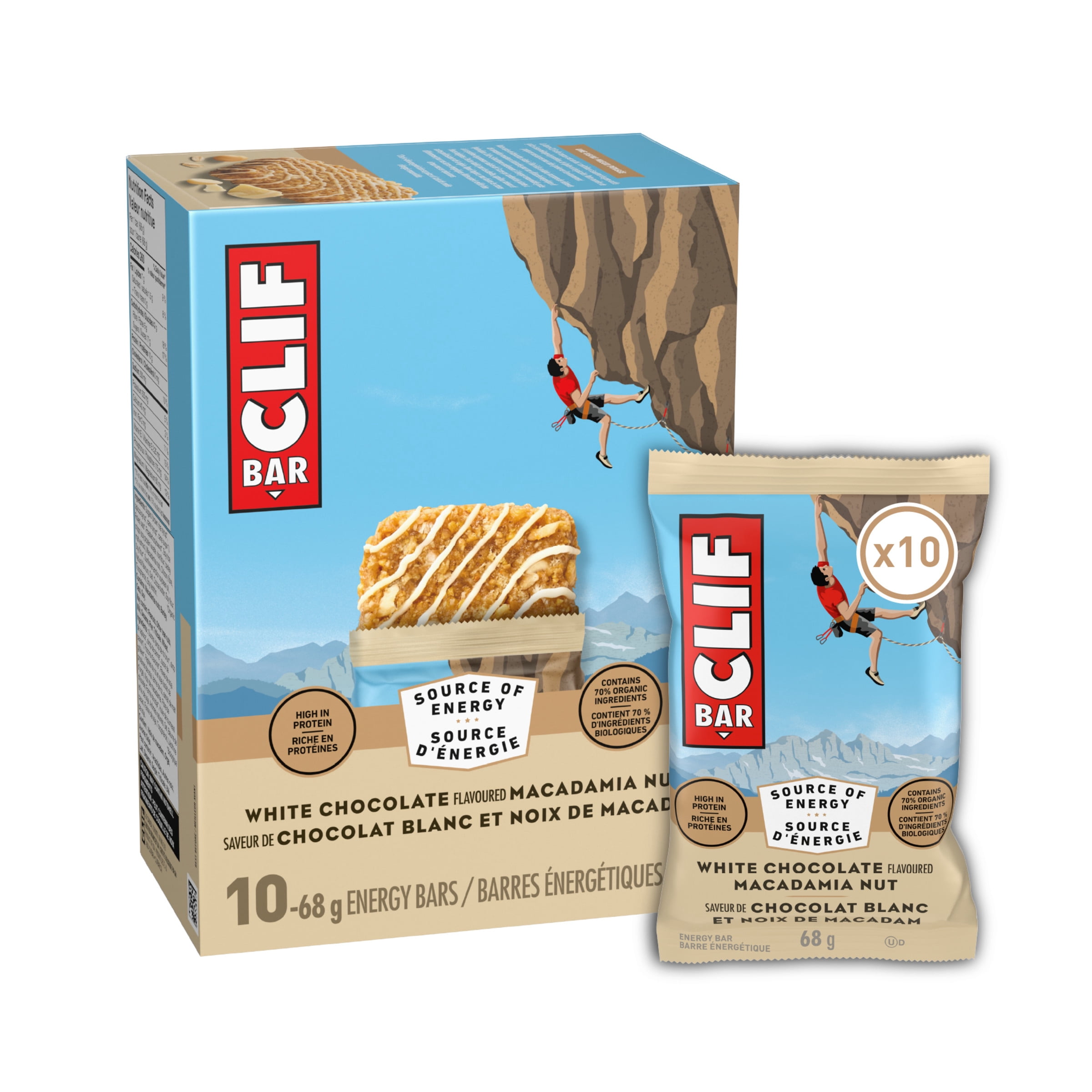 CLIF BAR Barres Énergétiques, Chocolat Blanc Noix Macadamia, Barre Granola, Riche en Protéines, Contient 70% d'Ingrédients Bio, 10 Barres