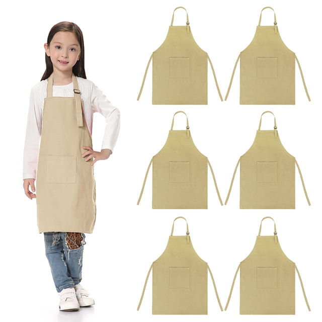 TOPTIE 6 Pack Kids Aprons with Pocket & Adjustable Strap, Child Chef Bib Apron for Kitchen Cooking Baking Painting-Khaki-XXL