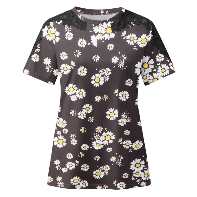 TopLLC Women's Plus Size Tops Short Sleeve Crewneck T Shirt Loose Fit Lace Stitching Shirts Solid Hollow Out Ruffle Tunic Tops