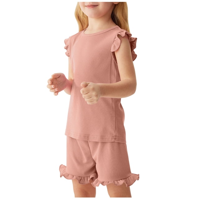 Toddler Girls Summer Short Sets Cotton Rib Knit Outfits Short Ruffle Cap Sleeve Tees T-Shirt Tank Tops + Skorts 2PC Sets Watermelon Red 5-6 Years
