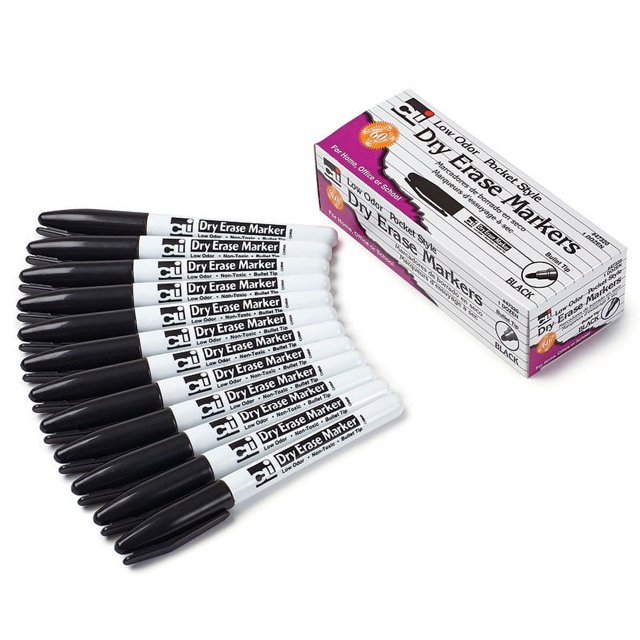 Dry Erase Markers, Pocket Style, Bullet Tip, Black, Pack Of 12
