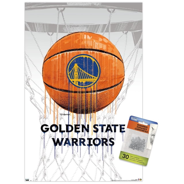 NBA Golden State Warriors - Affiche Murale « Drip Ball 20 », 22,375 Po x 34 Po Mettant en Vedette un Ballon de basketball orange avec le logo Bleu et Jaune des Golden State Warriors en design « Drip » à Peindre sur un Fond de Filet de basketball Gris, avec Texte Noir Audacieux « Golden State Warriors » en Dessous et Comprend 30 Punaises Transparentes pour une Suspension Facile et Sans Dommages, Convient à la Décoration Murale de Chambre Ou de Bureau.