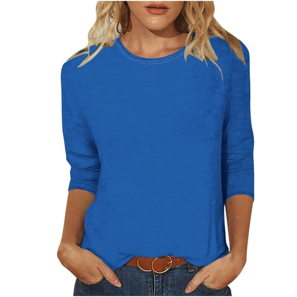 LMKIHUSA Blue Tops for Women 3/4 Length Sleeve Round Neck T Shirts Loose Basic Tunic Tops Casual Relaxed Summer 2025 Tees Blue,XL