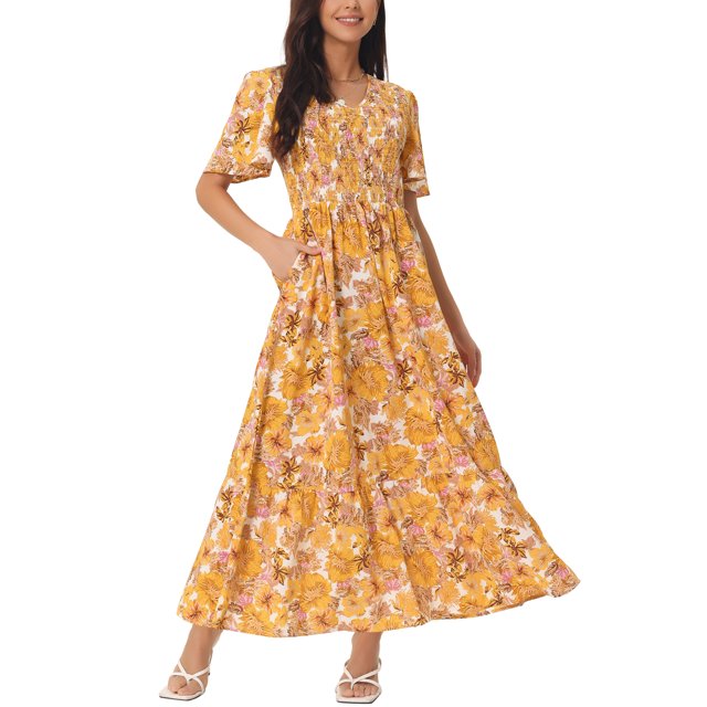 INSPIRE CHIC Robe Maxi d'Été Décontractée pour Femme à Col en V, à Fleurs, Manches Courtes Volantées, Smockée, Fluide, avec Poches, P Jaune