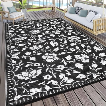 Nanan Tapis d'Extérieur Imperméable 5x8, Tapis de Patio à Motif Floral Toutes Saisons, Résistant aux UV, Résistant aux Taches, Tapis en Plastique Facile à Nettoyer pour Cour, Terrasse, Balcon, Camping, Noir/blanc