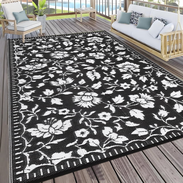 Nanan 5x8 Waterproof Outdoor Rug, All-Weather Floral Pattern Patio Mat, UV Resistant, Stain Resistant, Easy Clean Plastic Rug for Yard, Deck, Balcony, Camping,Black/White