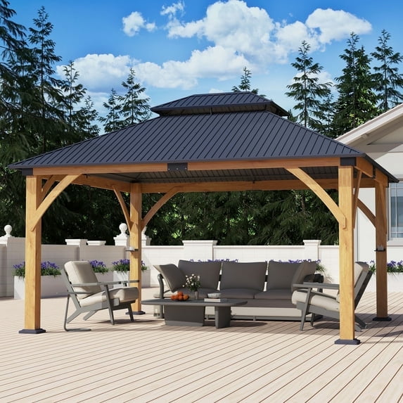 Howsvn 13 ft. x 15 ft Outdoor Hip Roof Spruce Wooden Gazebo, Heavy-duty Hard Top Steel Double Roof Gazebo Pavilion, Weather Protected Permanent Canopy for Patio, Garden, Backyard
