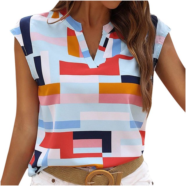 Pompotops Mode Femmes Été Sans Manches Bandage Impression Blouse Casual Tops