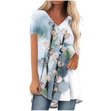 Hauts à Manches Courtes pour Femmes Mode Décontractée Col en V Fleur Peinture Ample T-Shirt Blouse