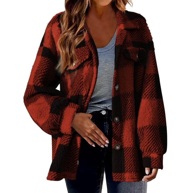Timegard Womens Jacket Plus Size Plaid Stand Collar Button down Fleece Hooded Jacket Winter Fuzzy Warm Coat