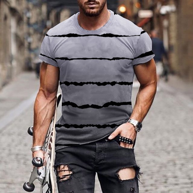 Qertyioot Liquidation T-Shirt à Manches Courtes pour Hommes Col Rond Rayé Imprimé Entraînement Physique Sports