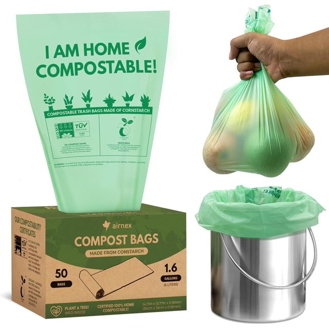 AIRNEX 50 Count Compost Bags - 6 L / 1.6 Gal Compostable Bags Made of Cornstarch - Compost Bags Small Size for Countertop Bin - Leakproof and Tear Resistant Biodegradable Bags