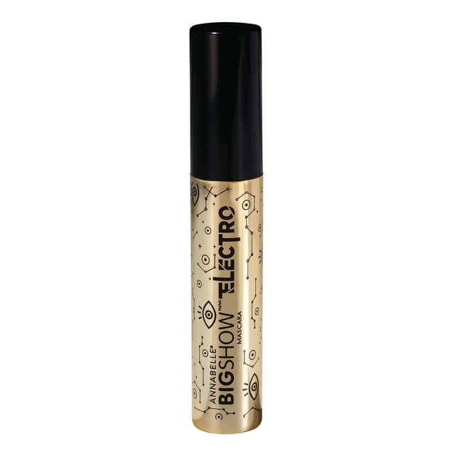 Annabelle Bigshow Mascara Électrolytique à Effet Volumisant en tube Doré avec Motifs d'Oeil Noir et de circuit et Capuchon Noir Lustré, Doté d'Une Brosse Sablier Qui Intensifie les Cils avec un volume 20X et une Formule Sans Grumeaux Enrichie de Cire de carnauba pour Plus de Douceur.