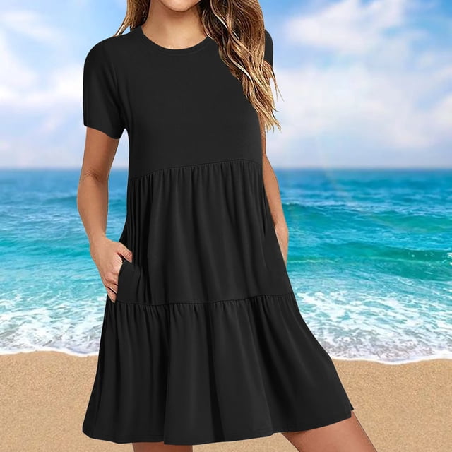 Pisexur Robes Midi d'Été pour Femmes Décontractées Évasées à Étages Robe T-Shirt Ourlet Ample Manches Courtes Robes de Plage avec Poches