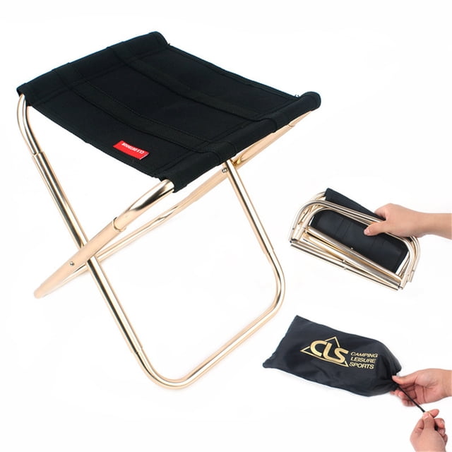 SBYOJLPB Outdoor Folding Fold Aluminum Chair Stool Seat Fishing Camping with a durable 7075 aluminum alloy frame and black fabric seat. This portable camping stool is lightweight, foldable, and comes with a storage pouch for convenient transport. Suitable for camping, fishing, and outdoor use.