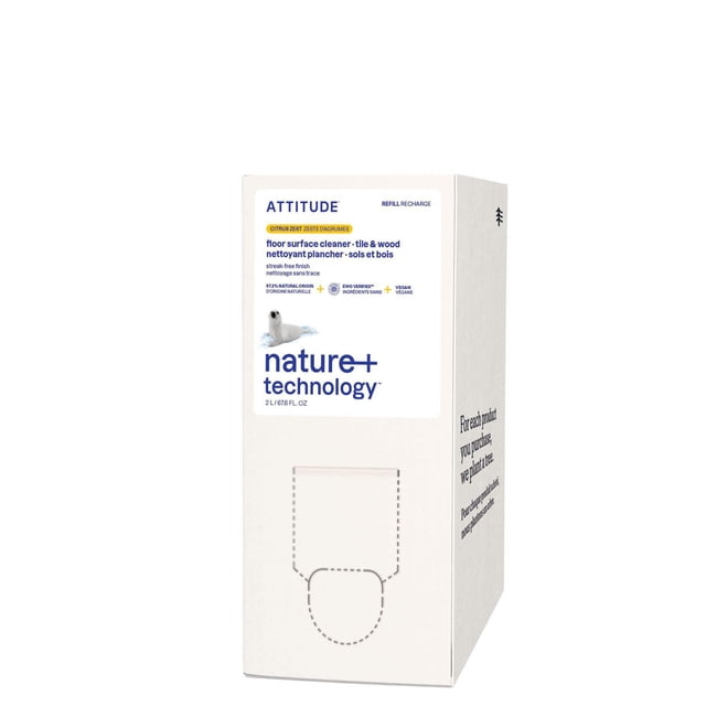ATTITUDE nature+ technology floor surface cleaner tile & wood refill in citrus zest scent, 2 L eco-refill box with white label featuring a seal image and product details in blue and yellow text, formulated with plant-based ingredients for cleaning laminate, wood, tile, ceramic, and marble floors.