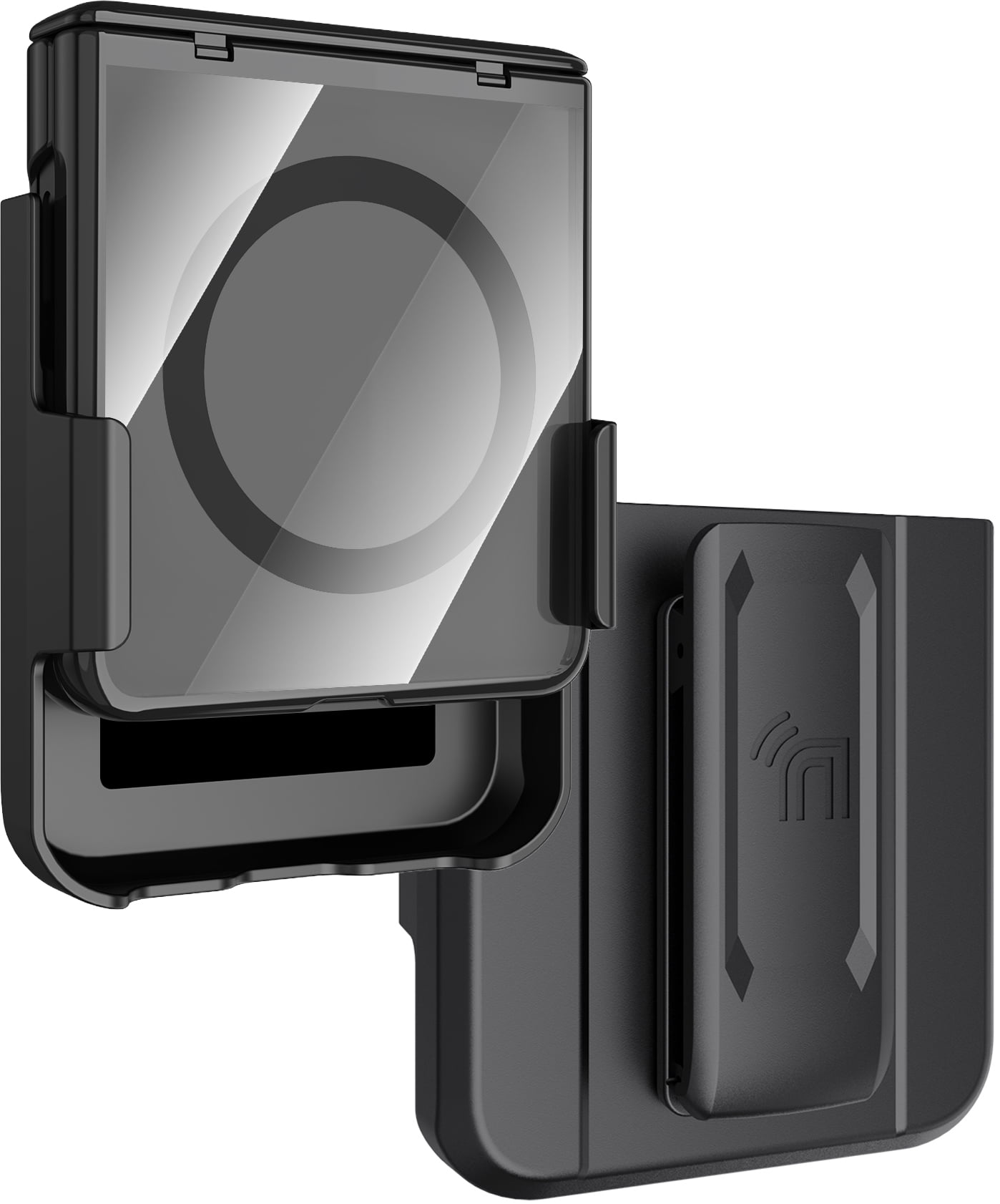 Nakedcellphone Electro Combo for Samsung Galaxy Z Flip 7 Phone Case with Belt Clip Holster Holder - Built-In Screen Protector - Hinge Cover - Compatible with MagSafe - Black/Clear