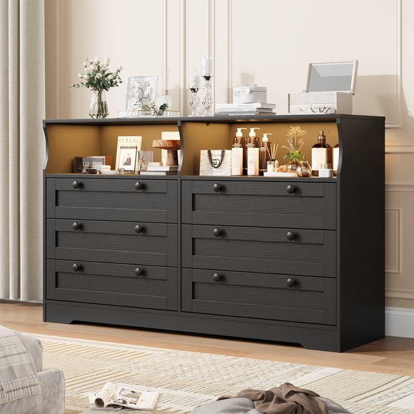 6 Drawer Dresser for Bedroom, with RGB LED Lights & Power Outlet, 55" Wide Chests of Drawers Dresser TV Stand for 55 Inch TV, for Closet, Living Room, Entryway