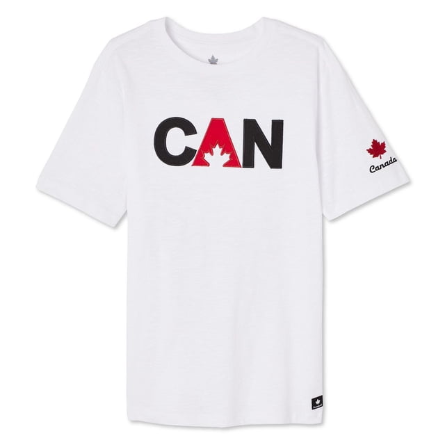 Canadiana Kids' Gender Inclusive Graphic Tee in white jersey knit cotton with crew neckline and short sleeves, featuring a black and red CAN graphic with a maple leaf in the A on the front and a red maple leaf with 'Canada' text on the left sleeve, ideal for casual wear or outdoor play.