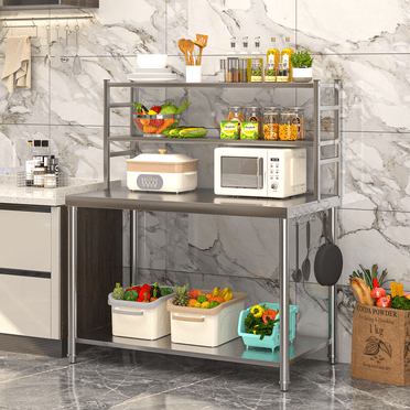 AECOJOY Stainless Steel Table With Overshelves Work Table With Hooks Commercial Kitchen Prep Table With Two Shelves Heavy Duty Metal Table for Commercial Kitchen Restaurant