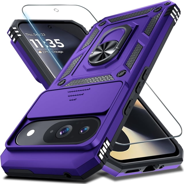 KOMI Case Compatible with Google Pixel 9/9 Pro Built in Slide Camera Lens Cover+Screen Protector+Finger Ring Holder Kickstand,Heavy Duty Shockproof Full Body Protective Phone Cover, Purple