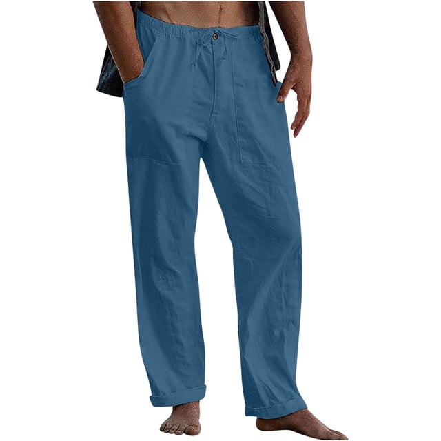 Linen Pants Men Casual Drawstring Elastic Waist Wide Leg Pants for Summer Beach Loose Trousers with Pockets