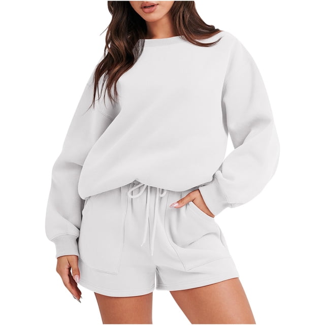IROINNID Survêtement pour Femmes Ensemble 2 Pcs Blouse Col Rond Manches Longues Hauts Chandail en Molleton Shorts Ensemble Décontracté Jogging, Blanc