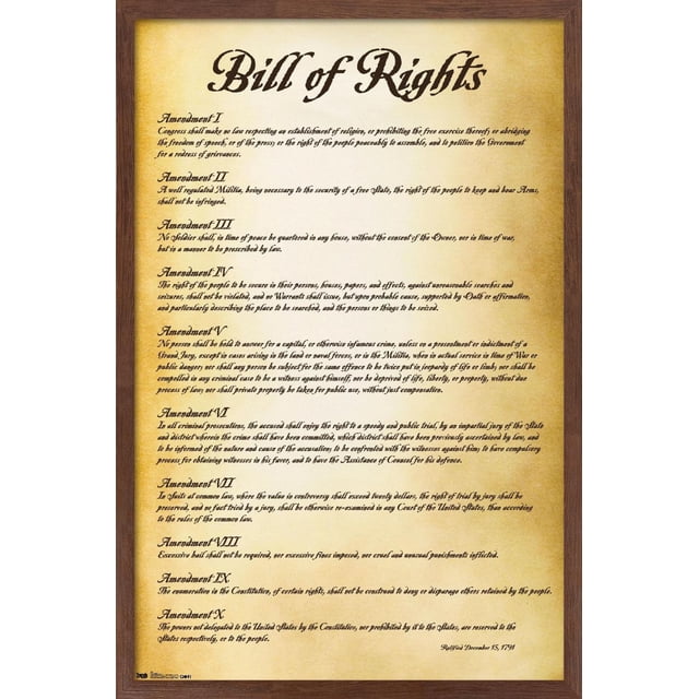 Les États-Unis d'Amérique - Affiche Murale de la Déclaration des Droits, 22,375 Pouces x 34 Pouces, Montre les Dix Premiers Amendements à la Constitution des États-Unis Imprimés en Noir sur Papier Parchemin Brillant, Encadré en Bois Brun Moyen, Idéal pour la Décoration Murale de la Maison Ou du Bureau.
