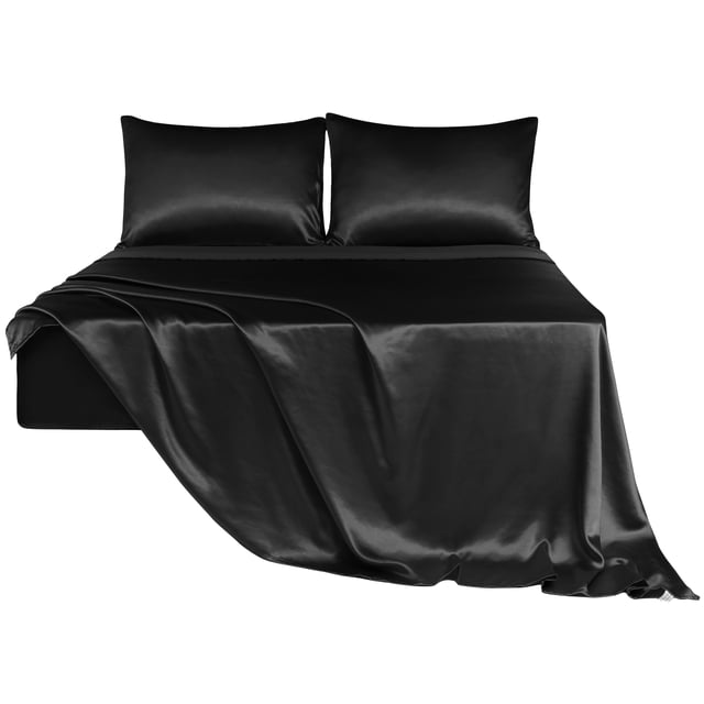 Unique Bargains Satin Sheet Set 4 Pcs Polyester Silky and Soft Sheets in a solid black colour. The set includes a queen-size flat sheet (90 x 102 inches), a fitted sheet (60 x 80 inches) with an elastic band for mattresses up to 16 inches, and two pillowcases (20 x 30 inches) with envelope closures. Made from 100% polyester satin fabric, the sheets offer a smooth, silky texture that is gentle on skin and hair, reducing friction and promoting moisture retention. The breathable material provides a luxurious feel and is machine washable for easy care.