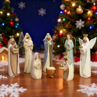 Fridja Christmas Decorations Clearance Nativity Lord Manger Ornaments Set of 8 Religious Christmas Resin Crafts Lord Was Born Manger Group Decorations