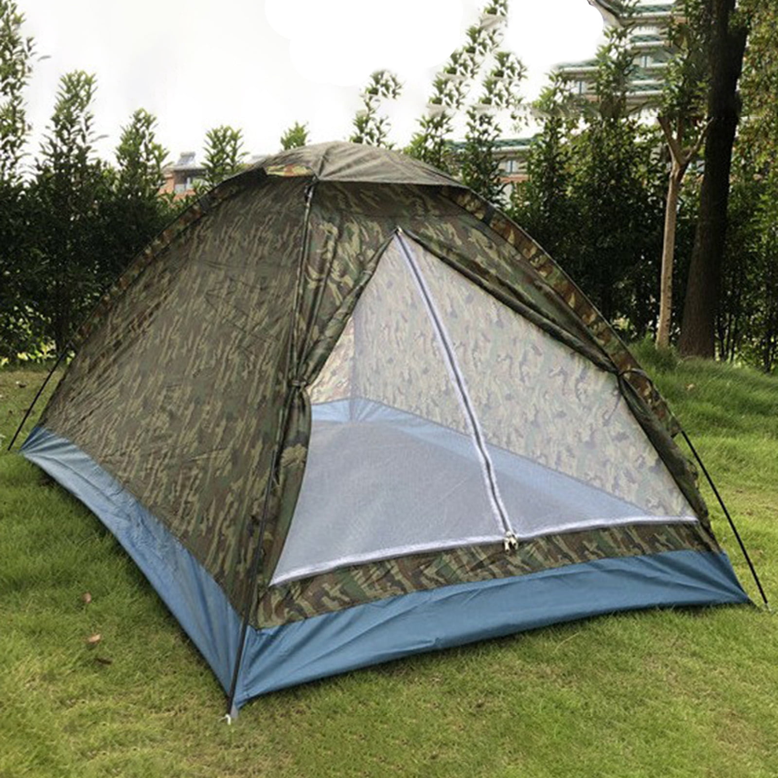 2-Person Camouflage Camping Tent, Lightweight Backpacking Shelter with Fiberglass Frame for Hiking and Fishing Trips
