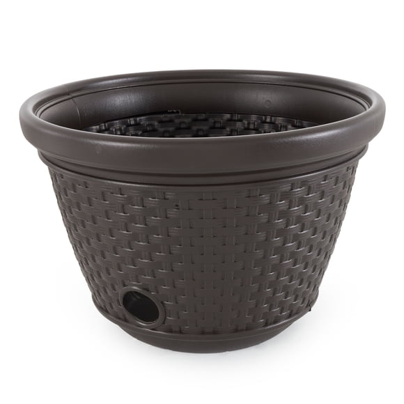 Suncast 100' Resin Wicker Garden Water Hose Caddy Storage Holder Pot, Java
