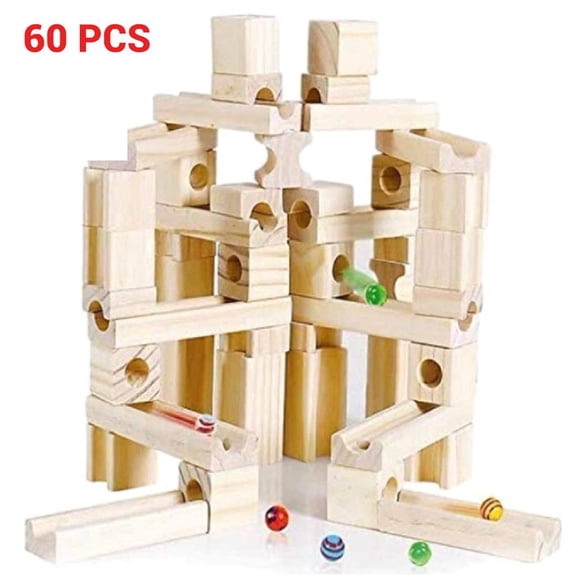 VONKY 60 Pcs Blocs de Piste en Bois pour Enfants Blocs Éducatifs pour Enfants Assemblés Bricolage Blocs de Construction Tuyau Balle Jouet Cadeaux pour Enfants Naturel