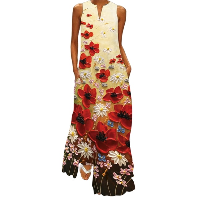 Innerwin Longues Robes Maxi à Imprimé Floral pour Femmes, Robe d'Été de Plage, Vacances, Sans Manches, Robe Débardeur Hawaïenne Style F L
