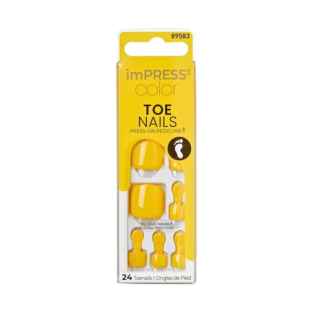 KISS imPRESS Color No Glue Pedi Press-On Toenails Solid Yellow Squoval Shape Includes 24 Nails Prep Pad 1 Manicure Stick 1 Mini File