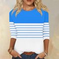 thumbnail image 2 of Chandails de Course Manches 3/4 Hauts pour Femmes Col Ras du Cou Décontractés Tendance Chandails à Enfiler Blouses Mode d'Automne T-Shirts Rayés Tuniques Basiques S-9 Bleu Ciel TTG, 2 of 5