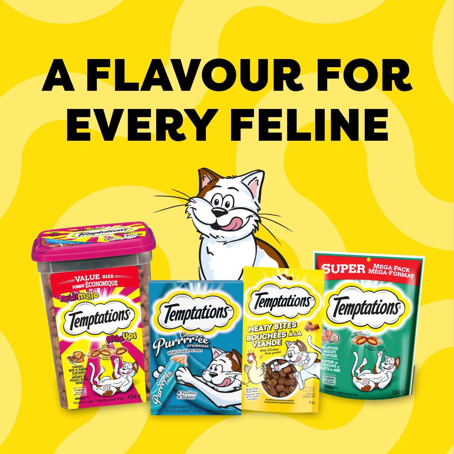 Gâteries pour chats TEMPTATIONS PURRRR-ÉE CRÉMEUSE avec poulet et avec saumon, boîte de 192 g contenant 16 sachets de 12 g