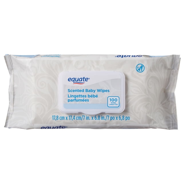 Equate Lingettes pour Bébé Parfumées avec Couvercle Blanc à Rabat, Contenant 100 Lingettes Hypoallergéniques de 7 X 6,8 Pouces, Conçues pour un Nettoyage Doux et une Hydratation pendant les Couches, Testées par des Dermatologues et Sans Alcool, Teinture, Chlore, Phtalates Ni Parfum.