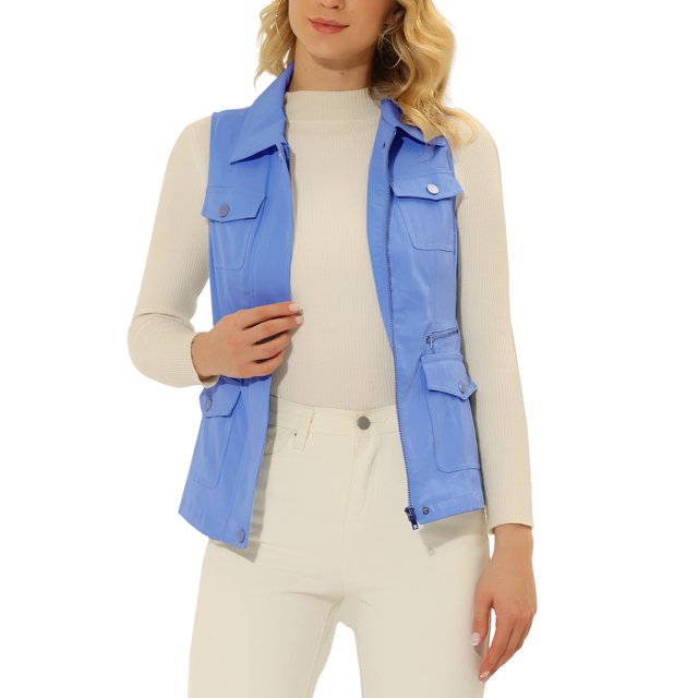 INSPIRE CHIC Veste Zippée pour Femme Sans Manches Anorak Gilet Utilitaire Veste avec Poches TP Bleu