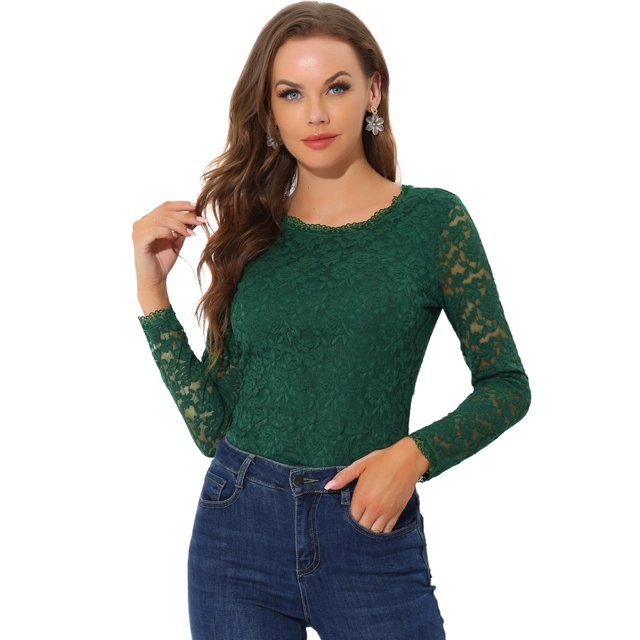 INSPIRE CHIC Blouse en Dentelle Transparente à Broderie Florale pour Femme à Col Rond à Manches Longues P Vert Foncé