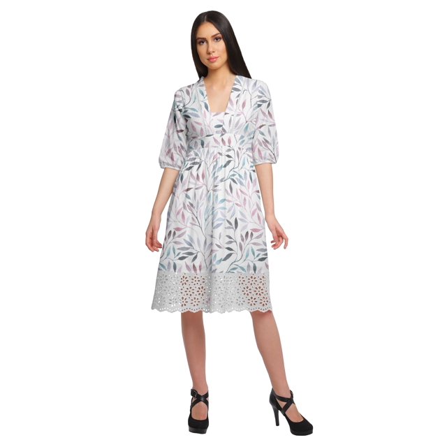 Moomaya Robe en Coton Imprimée pour Femme Longueur Midi Manches Courtes Tenue d'Été Vêtements