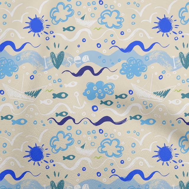 oneOone Rayon Beige Fabric Ocean Life Sewing Material Print Fabric By The Yard 56 Inch Wide