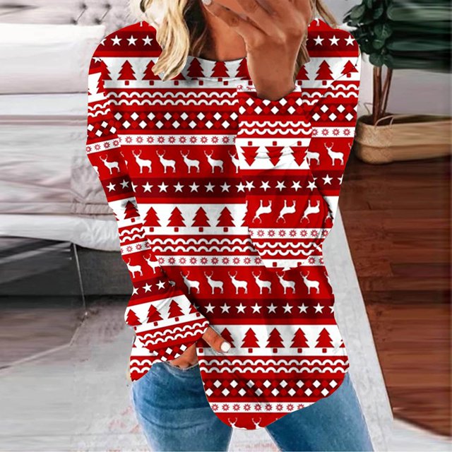 Costumes de Noël en Liquidation Col Rond Mode Décontractée Manches Longues Chandail à Imprimé de Noël Hauts Blouse Chandail Grande Taille pour Femmes