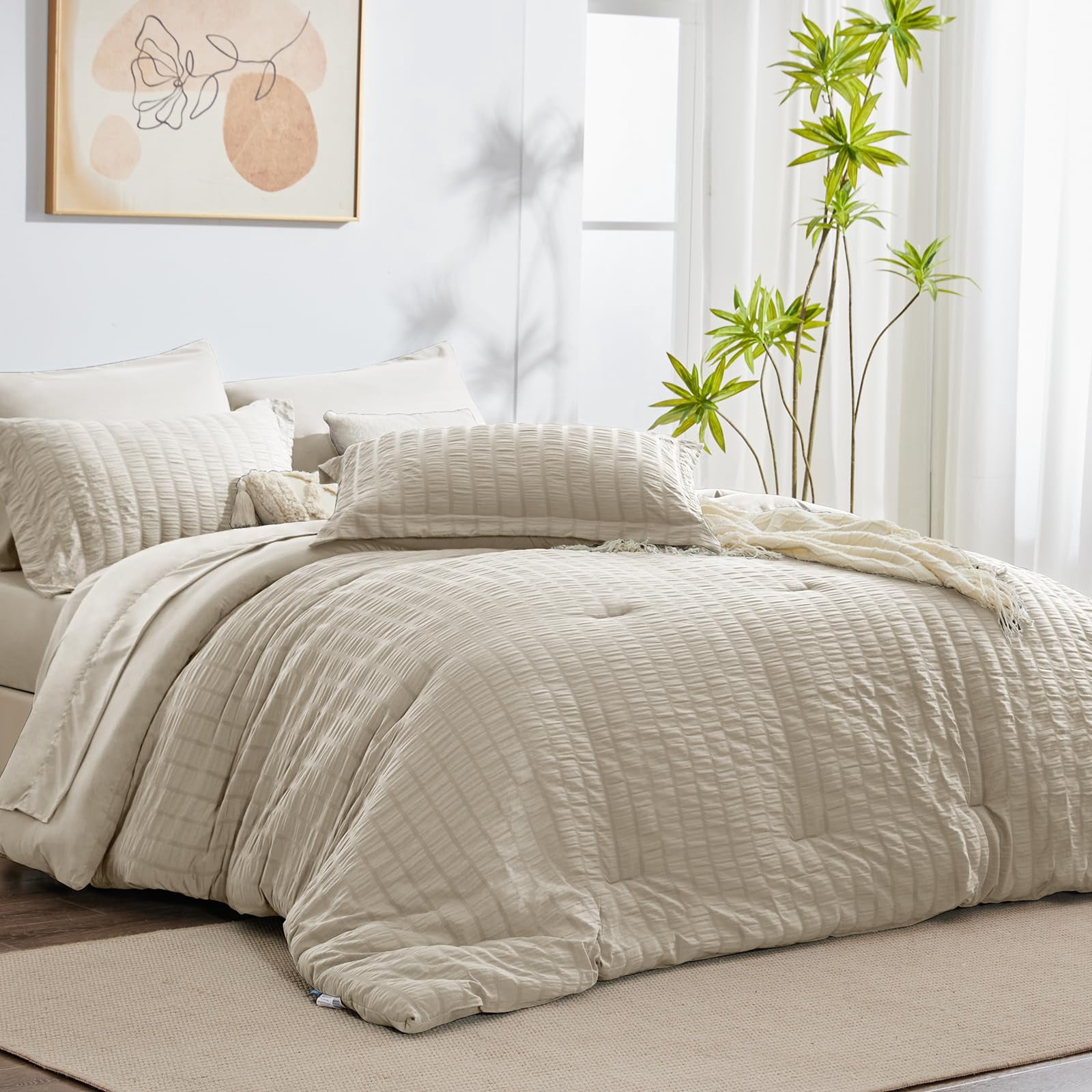 CozyLux Full Seersucker Comforter Set with Sheets Oatmeal Bed in a Bag 7-Pieces All Season Bedding Sets with Comforter Pillow Sham Flat Sheet Fitted Sheet Pillowcase