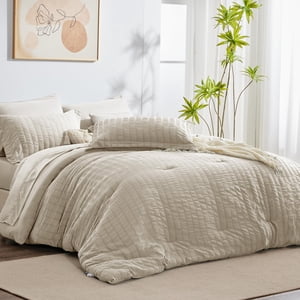 CozyLux Full Seersucker Comforter Set with Sheets Oatmeal Bed in a Bag 7-Pieces All Season Bedding Sets with Comforter Pillow Sham Flat Sheet Fitted Sheet Pillowcase